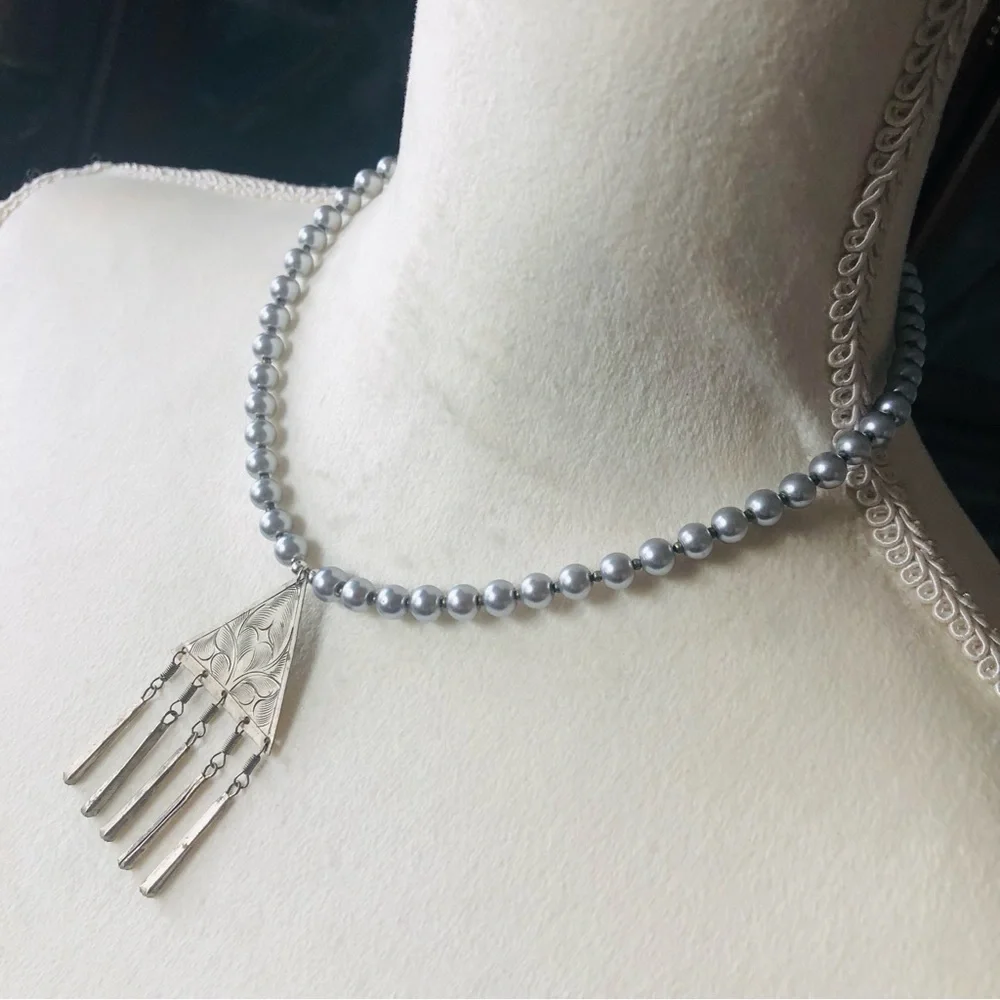 Handcrafted repurpose southwest etched steel pendant Czech glass Pearl necklace